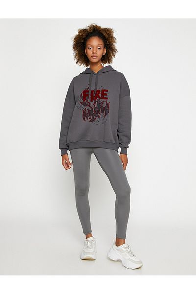 Koton Warm Hooded Slogan Printed Ribbed Sports Sweatshirt