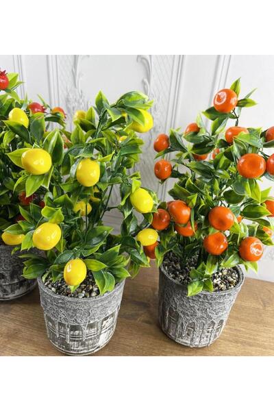Nettenevime Yapay Çiçek 3 Adet Gri Seramik Saksıda Limon Nar Ve Mandalina Ağacı 40cm