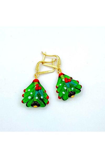 Polonezköy Cam Sanat Merkezi Christmas Pine Tree Earrings with Flowers – New Year Themed Handmade Stylish Tree Glass Jewelry
