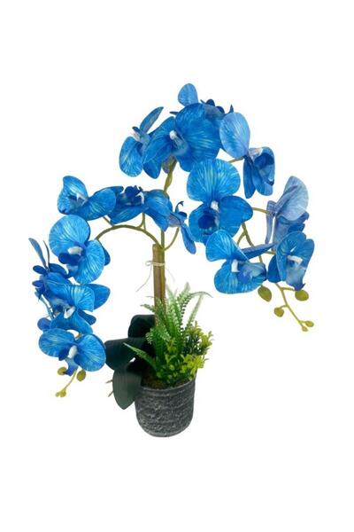 Nettenevime Yapay Çiçek 2li Mavi Islak Orkide Seramik Saksıda Orkide 60cm