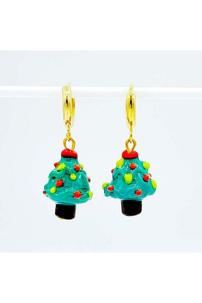 Polonezköy Cam Sanat Merkezi Christmas Pine Tree Earrings – New Year Themed Handmade Stylish Glass Jewelry