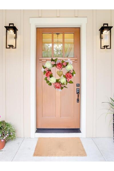 Nettenevime Artificial Flower Wicker Heart Door Ornament Pink White Peony