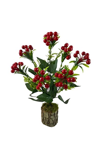 Nettenevime Yapay Çiçek Kütük Saksılı Kokina Dekoratif Masa Çiçeği Kırmızı