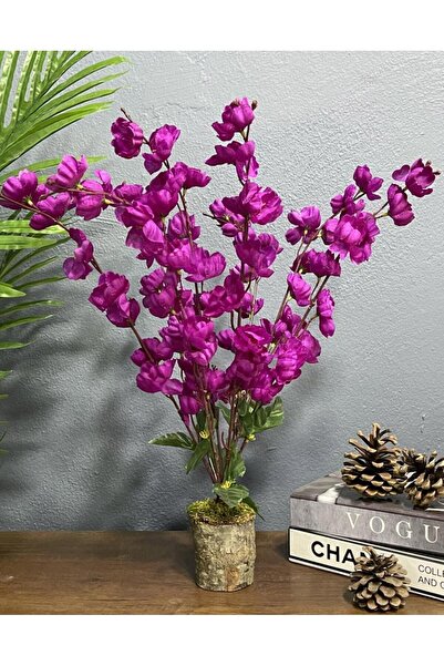 Nettenevime Yapay Çiçek Ahşap Kütük Saksılı Mor Bahardalı Palmiye Ağacı Salon Bitkisi 50cm
