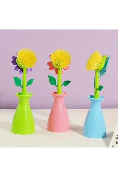 3B Trend Flower-Shaped Dish Cleaning Brush with Vase Bathroom Kitchen Sink Dish Cleaning Brush