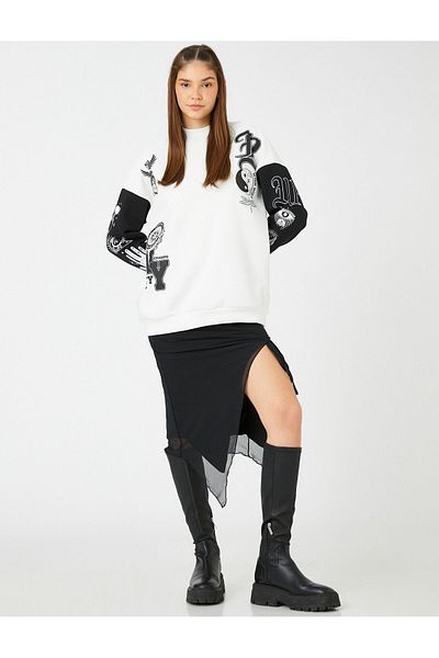 Koton Printed Sweatshirt Crew Neck Long Sleeve With Fleece Inside