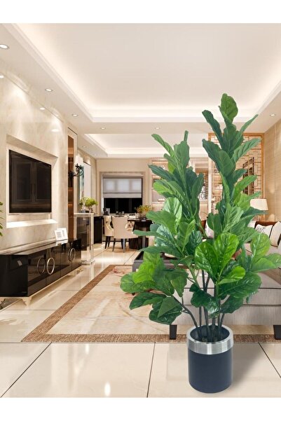 Nettenevime Yapay Ağaç Keman Yapraklı Kavuçuk Yeşil Salon Bitkisi Siyah Gümüş Galvaniz Saksıda 140cm