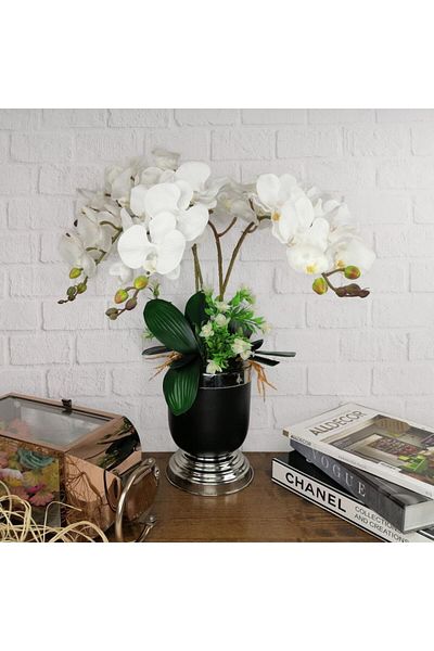 Nettenevime Metal Matte Black Silver and White Orchid Artificial Flower Arrangement