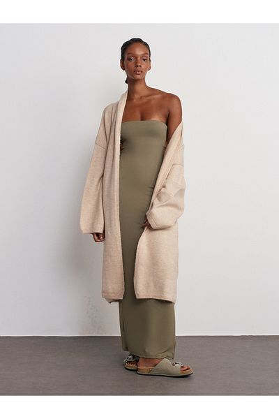 Dilvin Beige 60197 Model Cardigan with Shawl Collar and Pockets