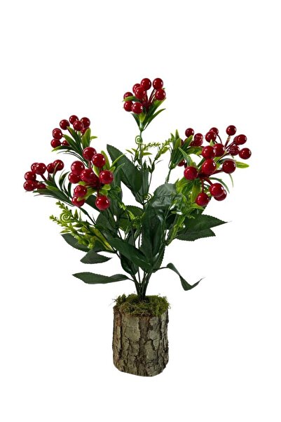 Nettenevime Yapay Çiçek Kütük Saksılı Kokina Dekoratif Masa Çiçeği Kırmızı