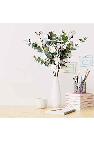 Nettenevime 4 Lü Set Okaliptuslu Doğal Pamuk Çiçeği Dalı 5li Kuru Çiçek Yapay Çiçek