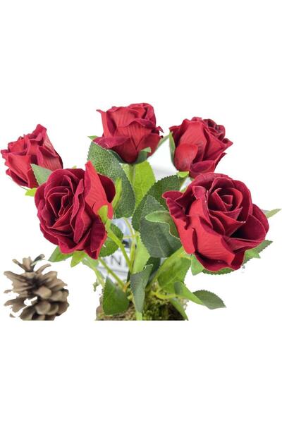 Nettenevime Doğal Ağaç Kütük Üzerine Aranje Edilmiş 5 Adet Yapay Kırmızı Kadife Gül