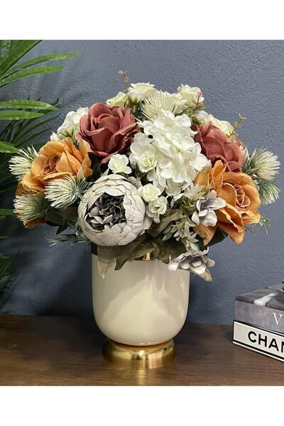 Nettenevime Yapay Çiçek Aranjmanı Gold-krem Vazolu Somon Gri Güllü Nişan Çiçeği Isteme Çiçeği Masa Üstü Çiçeği A
