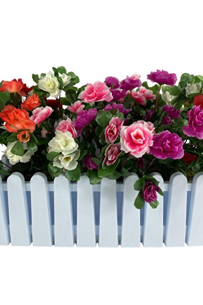 Nettenevime Yapay Çiçek Beyaz Çit Balkon Saksısı Renkli Açelya Çiçekli 55*20cm