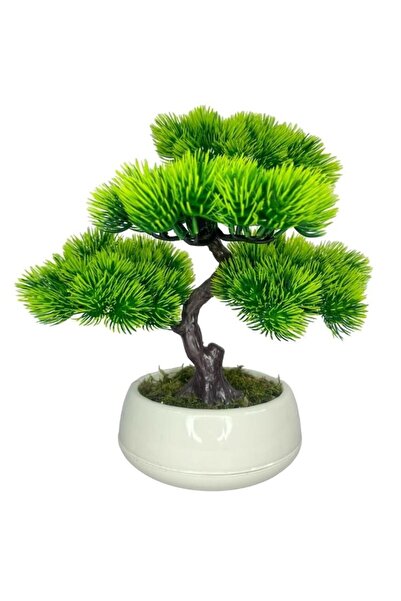 Nettenevime Bonsai Dekoratif Yapay Ağaç Yeşil Bonzai 35*30cm Krem Renk Yuvarlak Saksıda