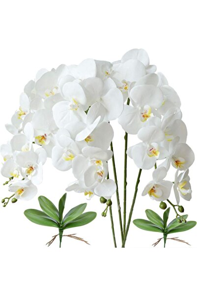 Nettenevime 4lü Set Yapay Çiçek Beyaz Islak Orkide ve 2 Adet Orkide Yaprağı Gerçeksi Doku Uzun Dal 90cm