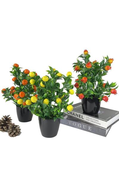 Nettenevime Yapay Çiçek 3 Adet Nar Limon Ve Mandalina Ağacı Siyah Saksıda 30cm