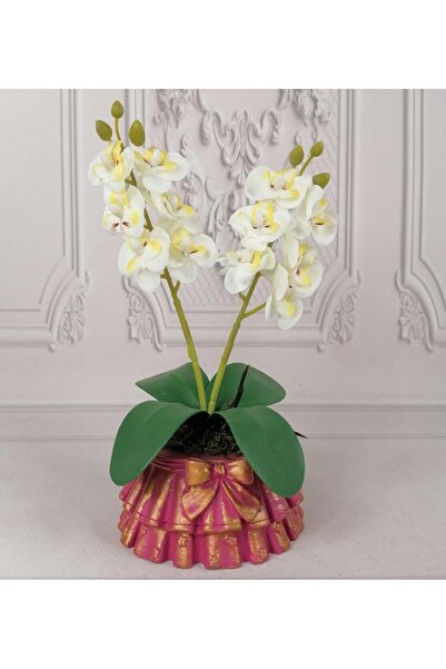 Nettenevime Beton Saksılı Yapay Orkide Pileli Etek Saksılı Beyaz Mini Yapay Orkide