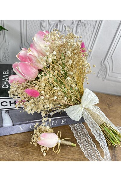 Nettenevime Bride Flower Artificial Flower Pink Wet Tulip Tulip and Cream Cipso and Dry Flower Branches Bridal Bouquet