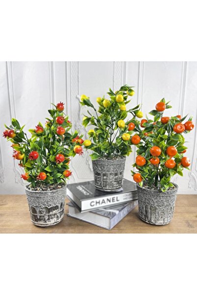 Nettenevime Yapay Çiçek 3 Adet Gri Seramik Saksıda Limon Nar Ve Mandalina Ağacı 40cm