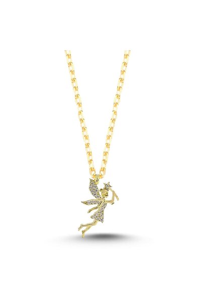 Taşlı Peri Kızı Gümüş Kadın Kolye Gold  925 Ayar Aylider