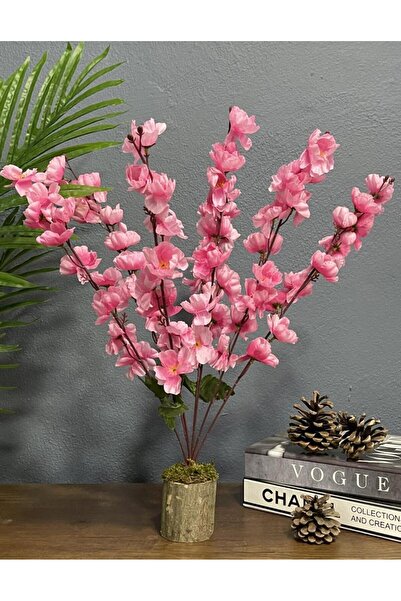Nettenevime Yapay Çiçek Ahşap Kütük Saksılı Pembe Bahardalı Palmiye Ağacı Salon Bitkisi 50cm