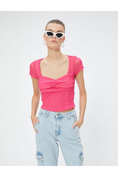 Koton Crop T-Shirt with Transparent Heart Motif