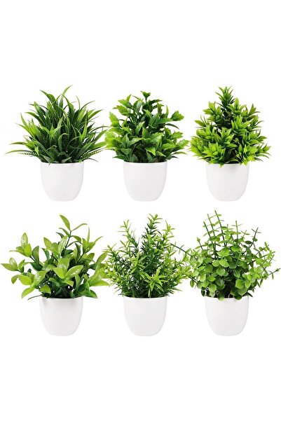 Nettenevime 6lı Set Yapay Çiçek Beyaz Saksıda 6 Çeşit Yeşil Bitki