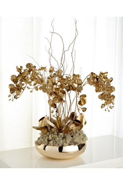 Nettenevime Yapay Çiçek Altın Gold Dore Rengi Orkide Uzun Dal 80 Cm Orkide