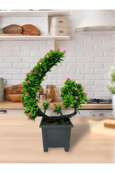Nettenevime Artificial Flower Bonsai Tree Pink Oblique Model Decorative Artificial Tree Bonzai in 30*22cm Black Square Pot