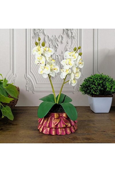 Nettenevime Beton Saksılı Yapay Orkide Pileli Etek Saksılı Beyaz Mini Yapay Orkide