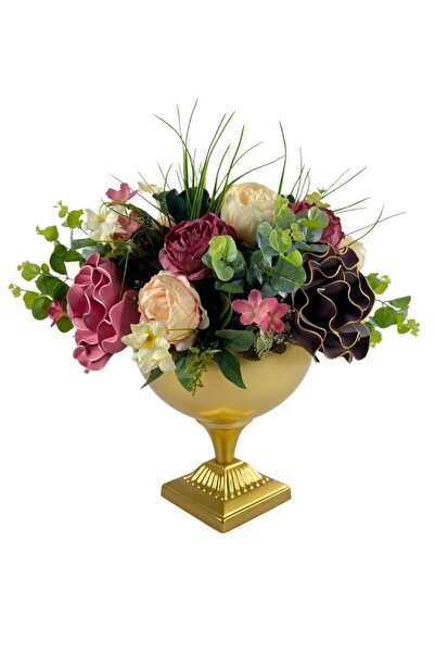 Nettenevime Yapay Çiçek Ve Latex Aranjmanı Metal Gold Vazolu Masa Üstü Çiçeği...