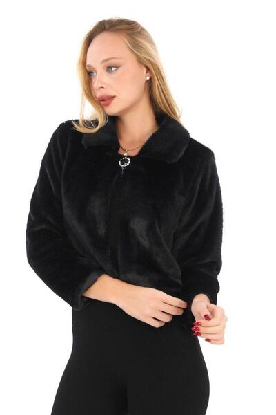 memetti m şekil Γυναικείο μαύρο παλτό με επένδυση από γούνα εσωτερικά, πολυτελές κοντό μπουφάν