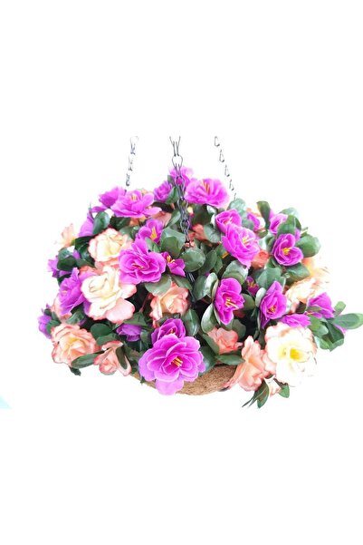 Nettenevime Yapay Çiçek Sarkaç Askılı Makreme Sepette Açelya Mor Pembe Çiçek Sepeti