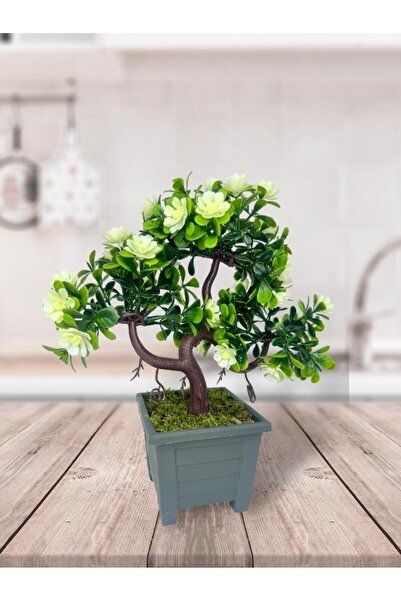 Nettenevime زهرة اصطناعية بيضاء مزهرة شجرة بونساي شجرة اصطناعية مزخرفة بونساي 29*24 سنتيمتر في وعاء مربع أسود