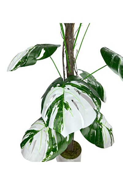 Nettenevime Yapay Ağaç Beyaz Monstera 18 Dallı Çalılı Gövde 120x60cm Gümüş Aleminyum Saksıda