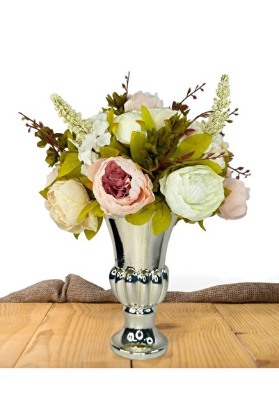 Nettenevime Yapay Çiçek Aranjmanı Pembe Beyaz Krem Rengi Gümüş Cam Vazoda Niş...