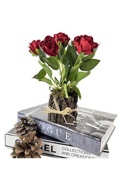 Nettenevime Doğal Ağaç Kütük Üzerine Aranje Edilmiş 5 Adet Yapay Kırmızı Kadife Gül