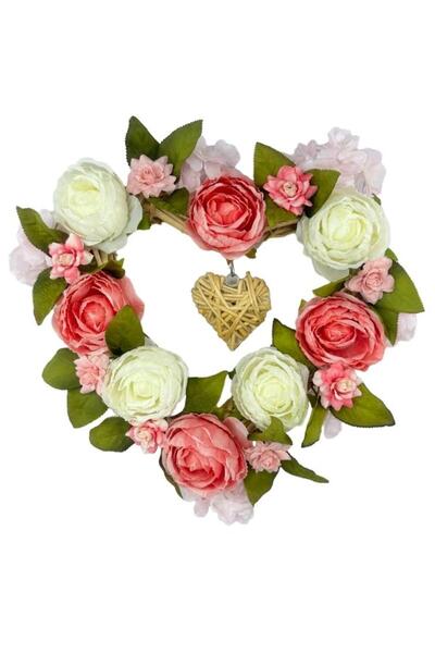 Nettenevime Artificial Flower Wicker Heart Door Ornament Pink White Peony