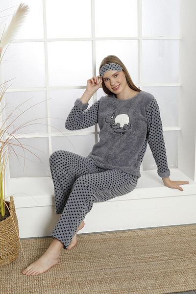 Akasya Women's Long Sleeve Pocket Rose Fleece Pajamas Set 01861