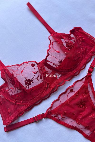 Rubuvi Lily Women's Red Floral Underwire Lace Dowry Underwear Bra Set Lingerie Set