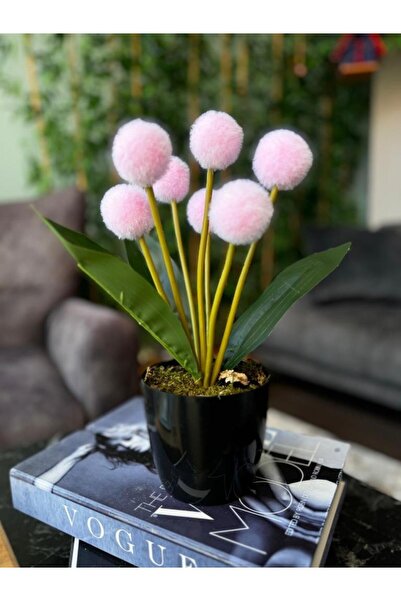 Nettenevime Yapay Çiçek Pembe Pompon Siyah Saksıda Dekoratif Yapay Çiçek 30*20cm