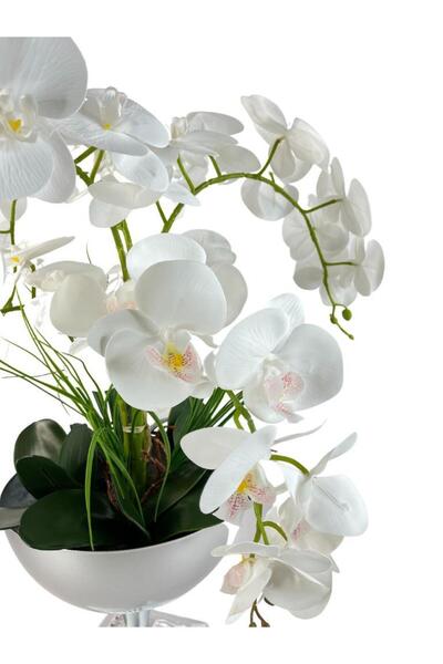 Nettenevime Yapay Çiçek 6 Islak Orkideli Aranjman Kare Ayaklı Konik Metal Mat Gümüş Vazolu Masa Üstü Çiçeği Araj