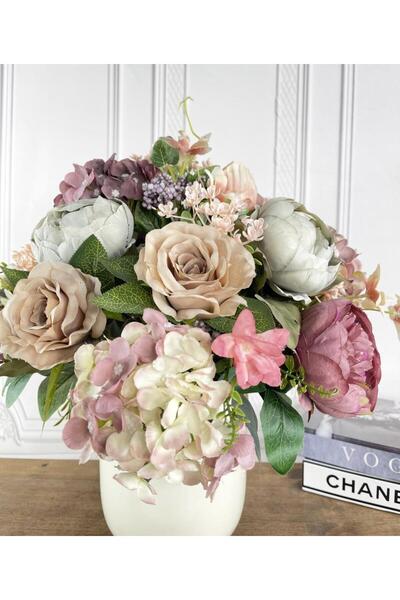 Nettenevime Yapay Çiçek Aranjmanı Metal Gold-krem Vazolu Nişan Çiçeği Isteme Çiçeği Masa Üstü Çiçeği Arajman