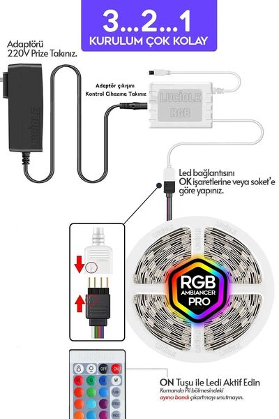 luciole Tv Arkası Yatak Çocuk Odası Mutfak Salon Rgb Şerit Led Uzaktan Kumandalı Tak Çalıştır 5 Metre Modlu