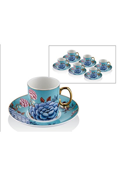 esdekor Floral Blue 2'li Coffee Cups Set Kahve Fincan Gold Yaldız Çiçekli Kahve Porselen