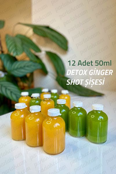 parlakcam Shot Detox Bottle 12Pcs Round Glass Ginger Bottle Multi-Purpose with Leak Proof Plastic Cap (50ml)