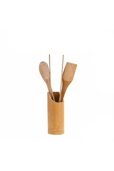 RUBY BOUTİQUE Bamboo Spoon Set with Stand 4 Pieces - Tongs - Spoon - Spatula