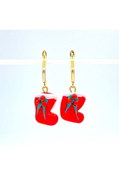 Polonezköy Cam Sanat Merkezi Floral Christmas Stocking Earrings – Santa Claus Themed New Year Glass Bead Earrings