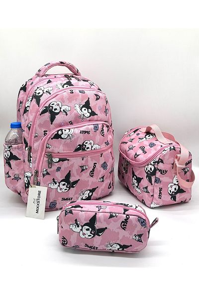 ms mixxstore Rucsac pentru școală primară pentru fete, cu model de caractere de culoare pulbere, cu alimentare cu folie și suport pentru stilou